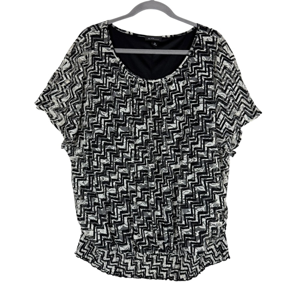 Alyx Blouse Womens 2X Black Geometric Lace Dolman Sleeve Scoop Neck Tunic